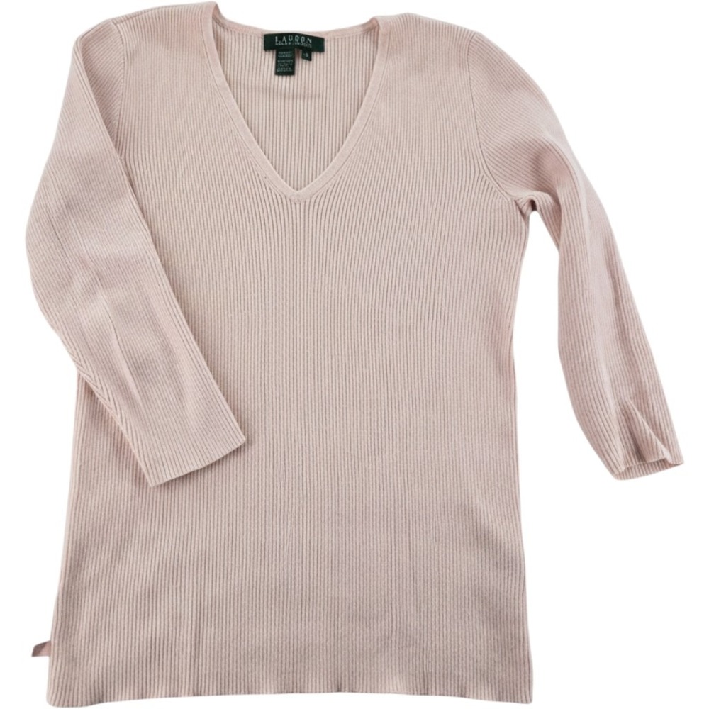 Lauren Ralph Lauren Sweater Medium Pink Ribbed V-Neck 3/4 Sleeve Cotton Blend